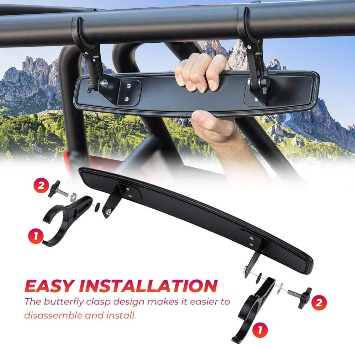 Kemimoto Side Mirrors & Rear Mirror w/1.75"-2" Roll Bar Cage