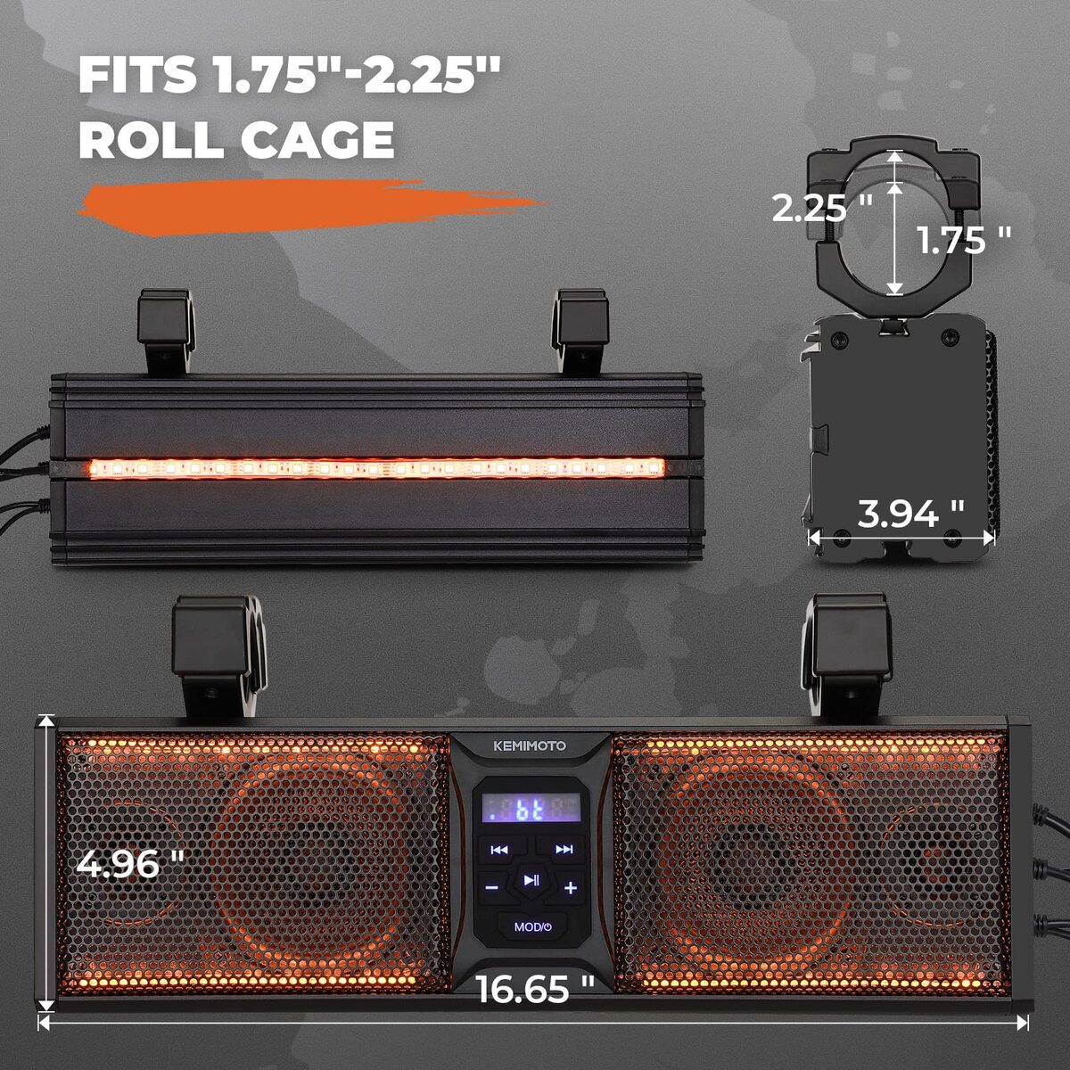 Kemimoto UTV/ATV 16'' RGB Sound Bar BT 5.0 Amplified IP65 Waterproof Dustproof