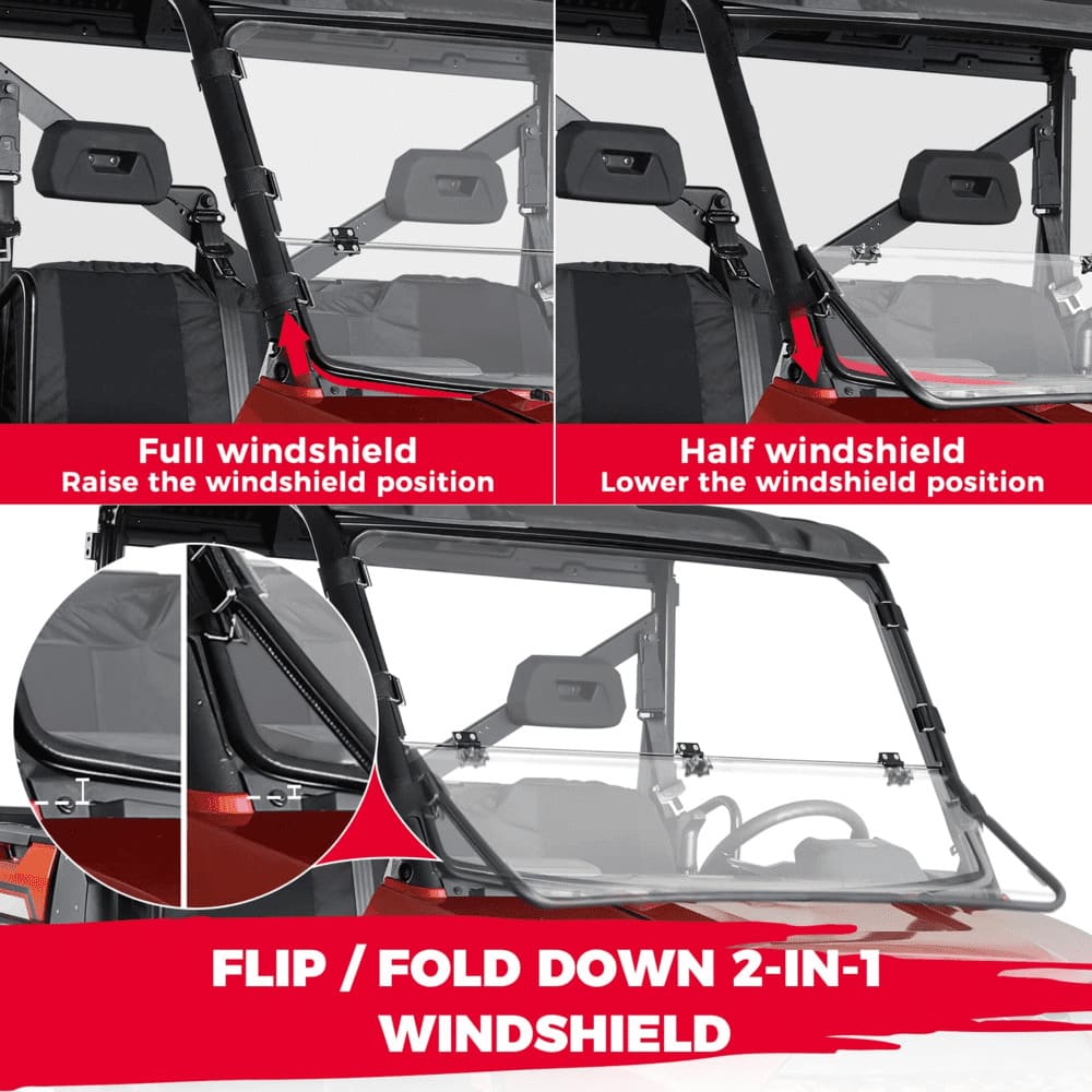 Kemimoto '17-'24 Polaris Ranger 1000/XP 1000/Crew 2-In-1 Flip Up Windshield