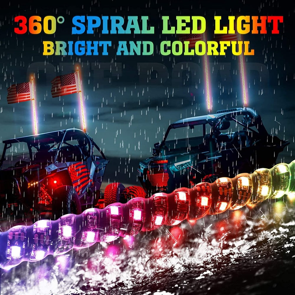 Kemimoto 3ft 2Pcs Spiral Whip Light Bluetooth Control