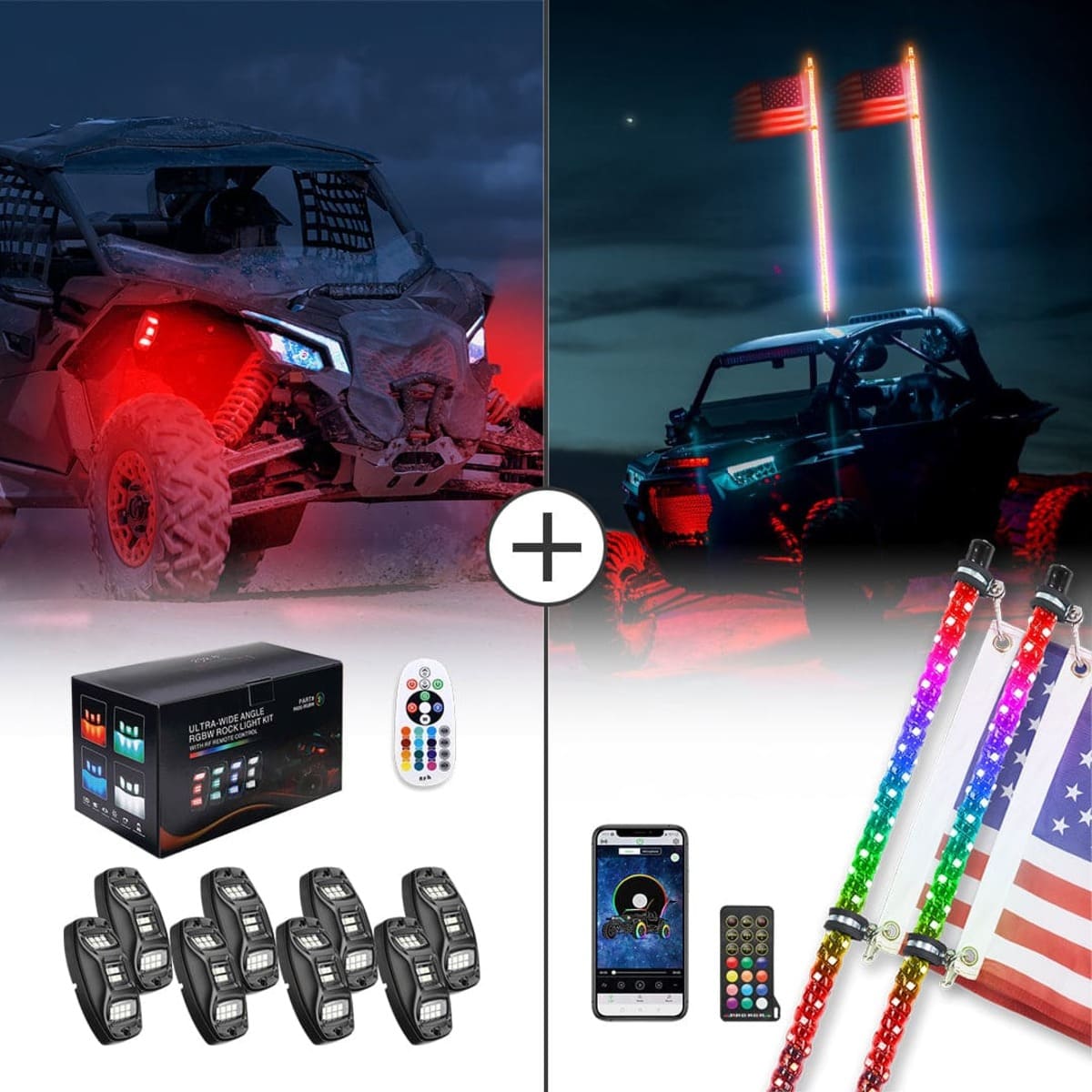 Kemimoto UTV/ATV 4-8 Pods RGB Rock Light Kit & Spiral Whip Lights