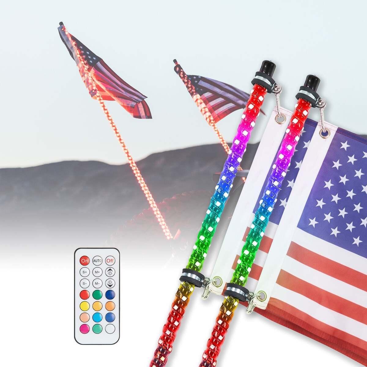 Kemimoto 366 Colors 2Pcs 4FT Spiral Whip Light with RF Remote Control