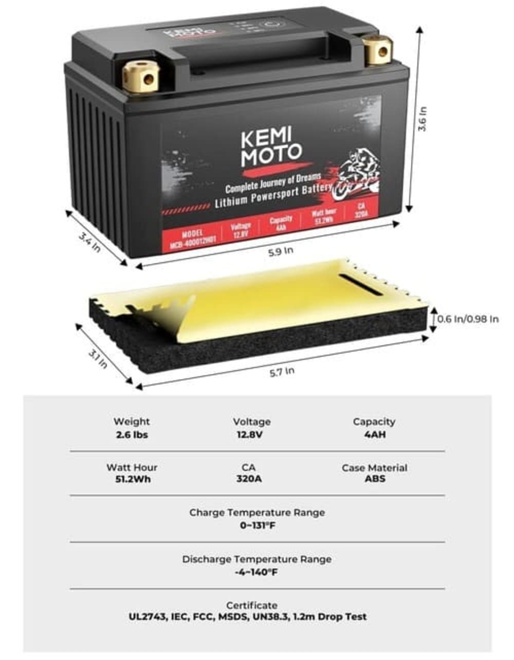Kemimoto ATV/ UTV Life Po4 12v/4Ah Lithium Battery
