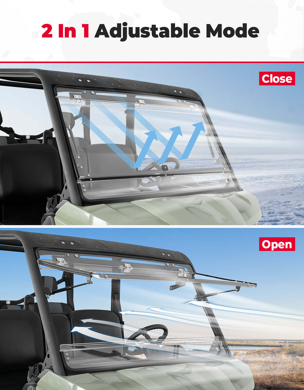 Kemimoto Can-Am Defender HD5/8/10 2-in-1 Flip Windshield 1/5" Thick Polycarbonate