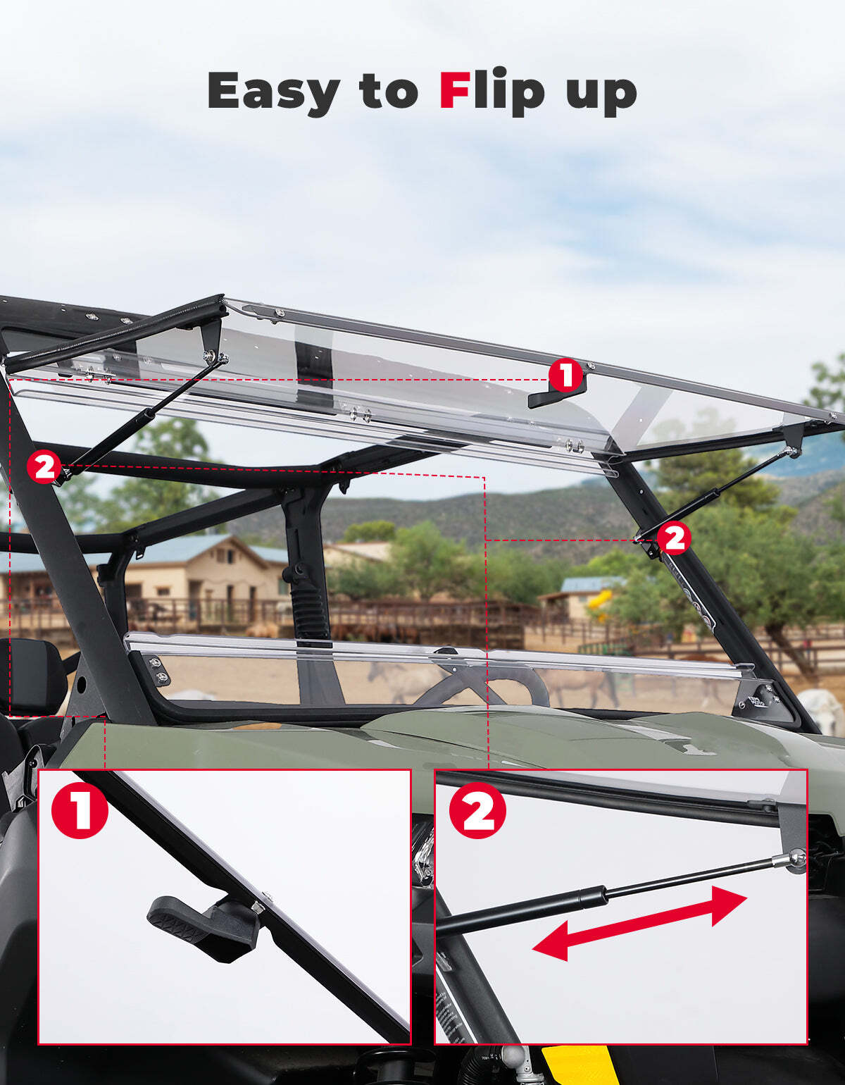 Kemimoto Can-Am Defender HD5/8/10 2-in-1 Flip Windshield 1/5" Thick Polycarbonate
