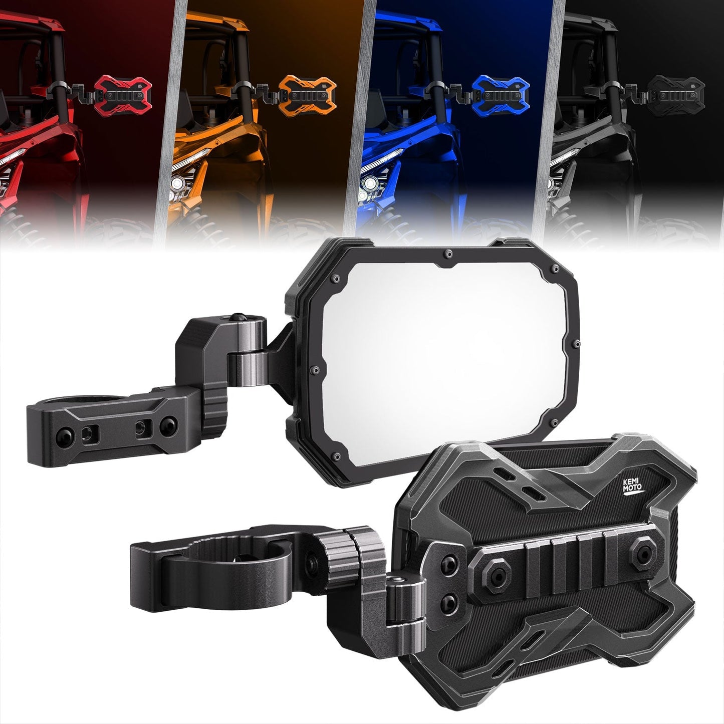 Kemimoto CNC UTV Side Mirrors w/Integrated Light Mount for 1.65"-2" Roll Bar 1 Pair