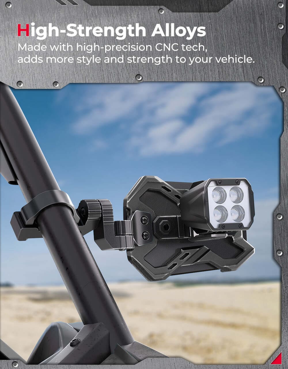 Kemimoto CNC UTV Side Mirrors w/Integrated Light Mount for 1.65"-2" Roll Bar 1 Pair