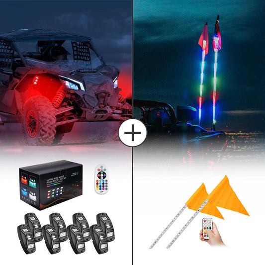 Kemimoto UTV 4/8 Pod Rock Light Kit & 5FT Whip Lights