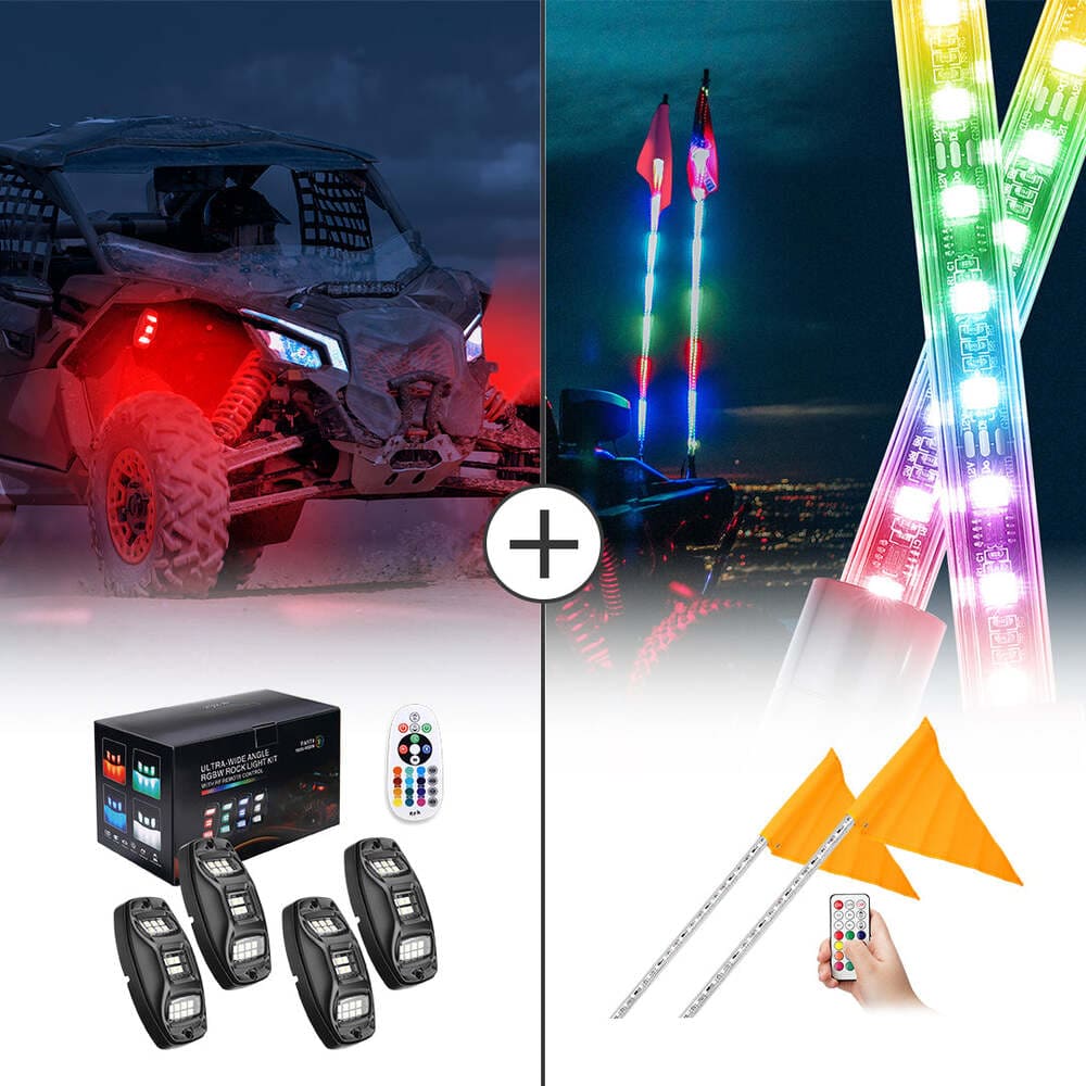Kemimoto UTV 4/8 Pod Rock Light Kit & 5FT Whip Lights