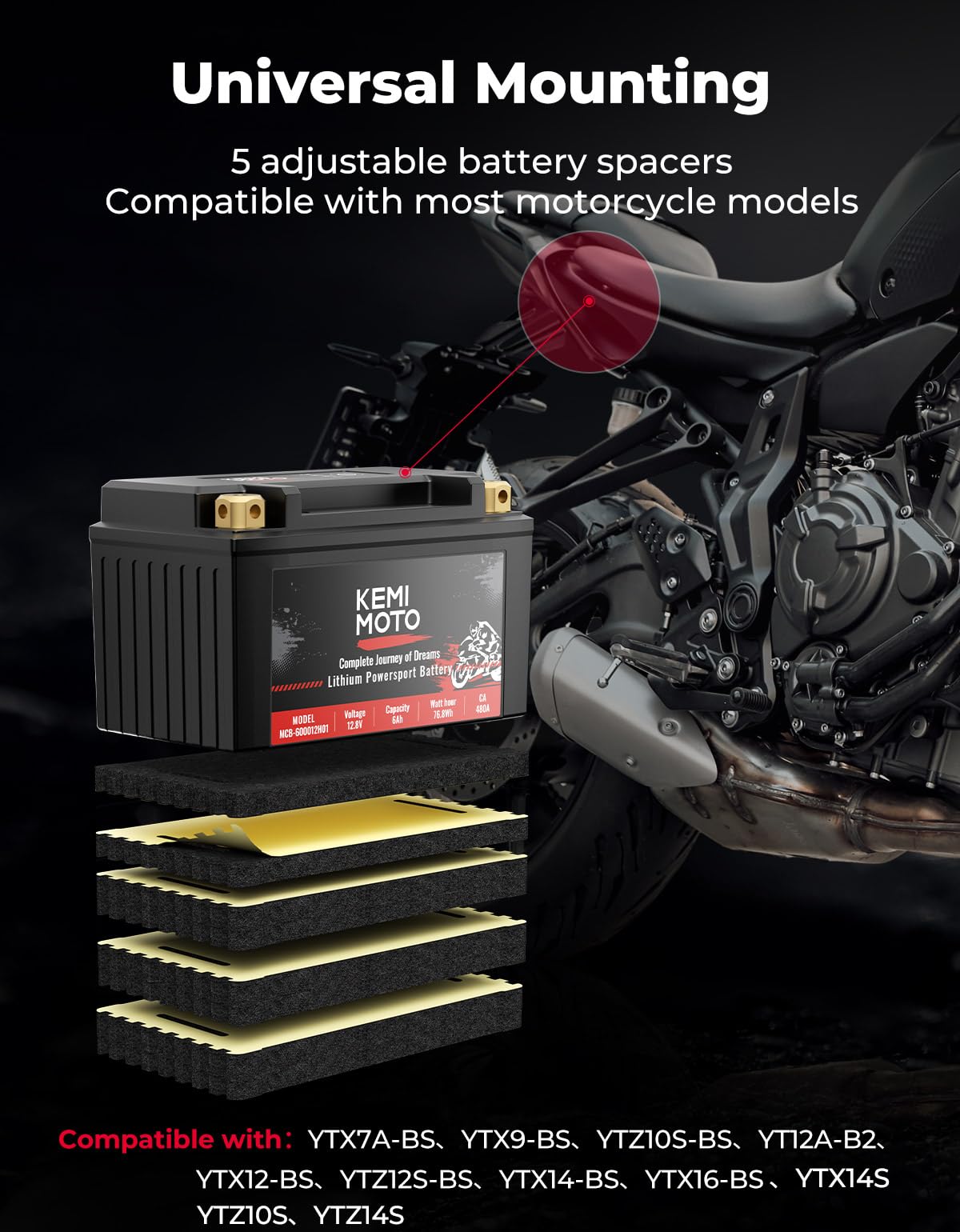Kemimoto UTV/ATV Life Po4 12v 6Ah Lithium Battery