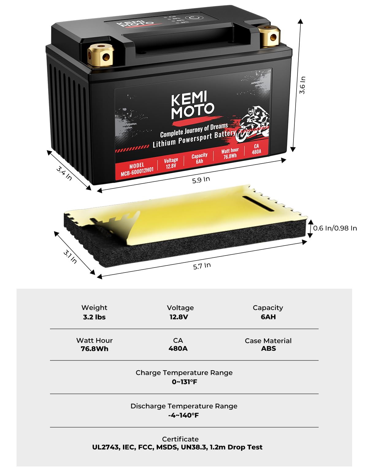 Kemimoto UTV/ATV Life Po4 12v 6Ah Lithium Battery