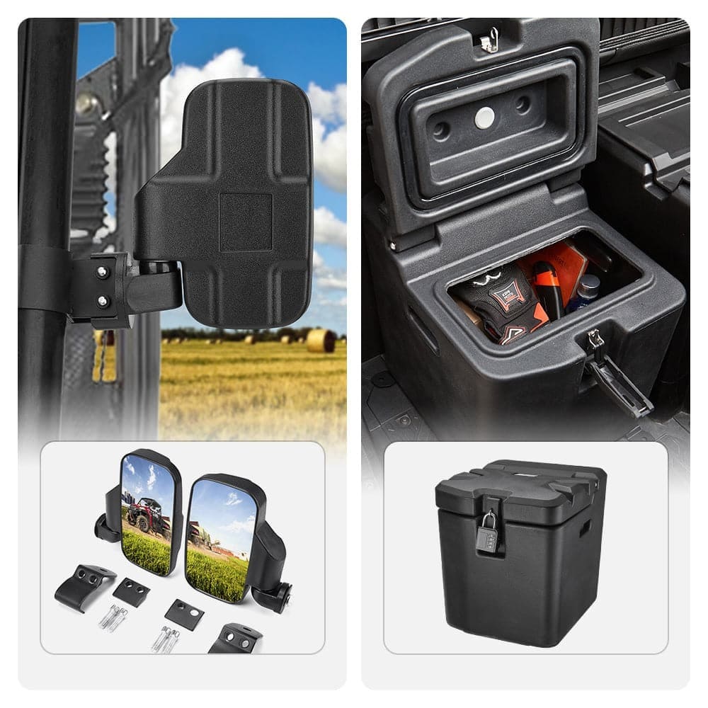 Kemimoto Polaris Ranger XP 1000 Adjustable Break Away Side Mirrors & Under Seat Storage Box