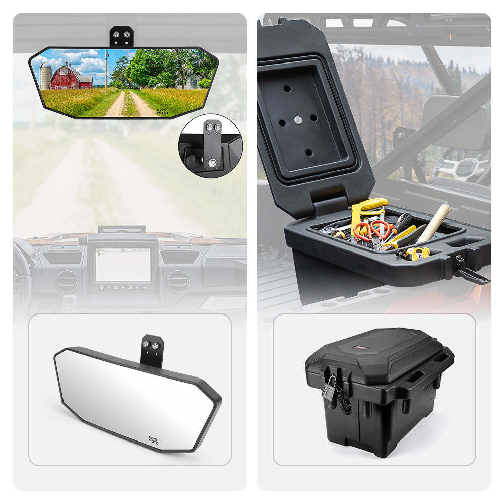 Kemimoto Polaris Ranger XP 1000 Rear View Mirror & 45L Waterproof Tool Box