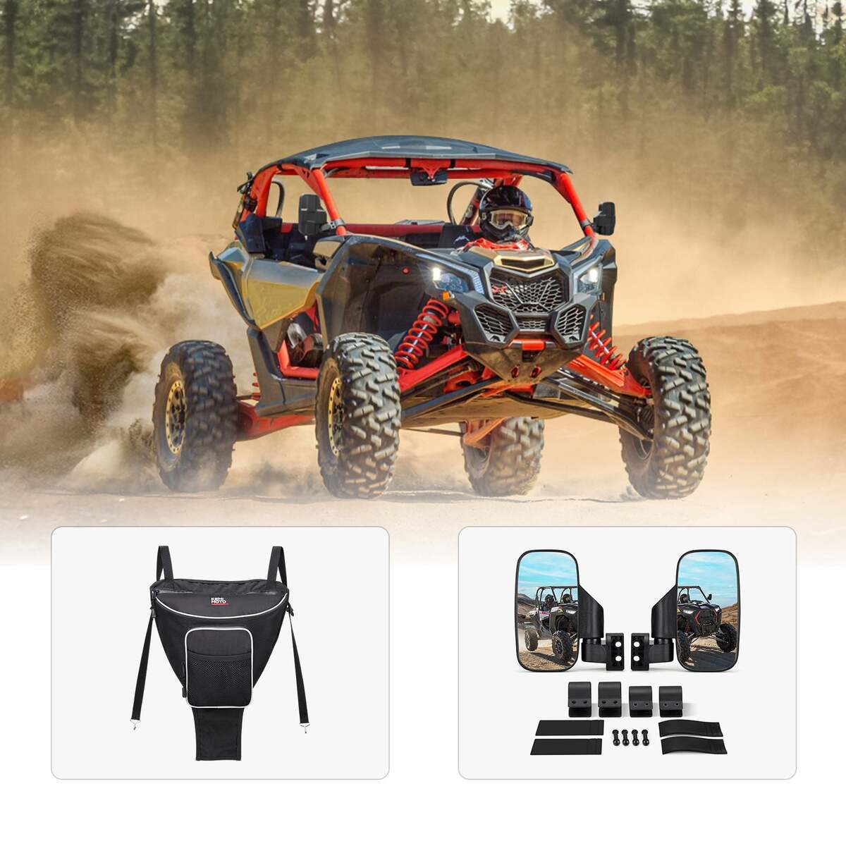 Kemimoto Polaris RZR Cab Pack Center Seat Bag & Side View Mirror