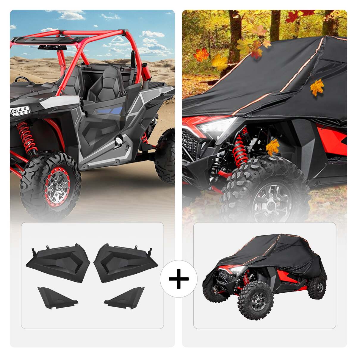 Kemimoto Polaris RZR XP 1000 Lower Half Door Inserts Panels & UTV Cover with Rlective Strip