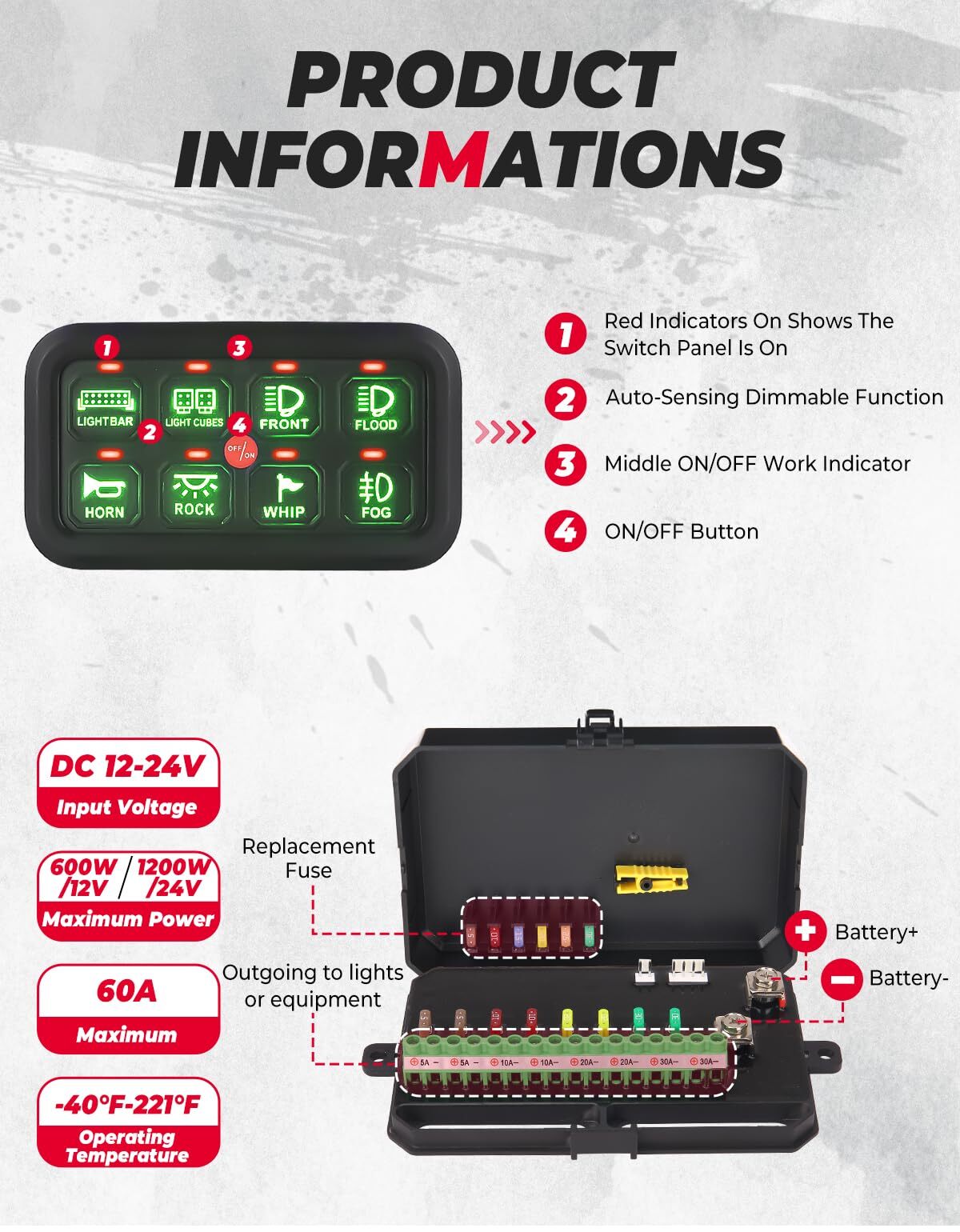 Kemimoto Polaris RZR UTV 12-24V 8 Gang Switch Panel