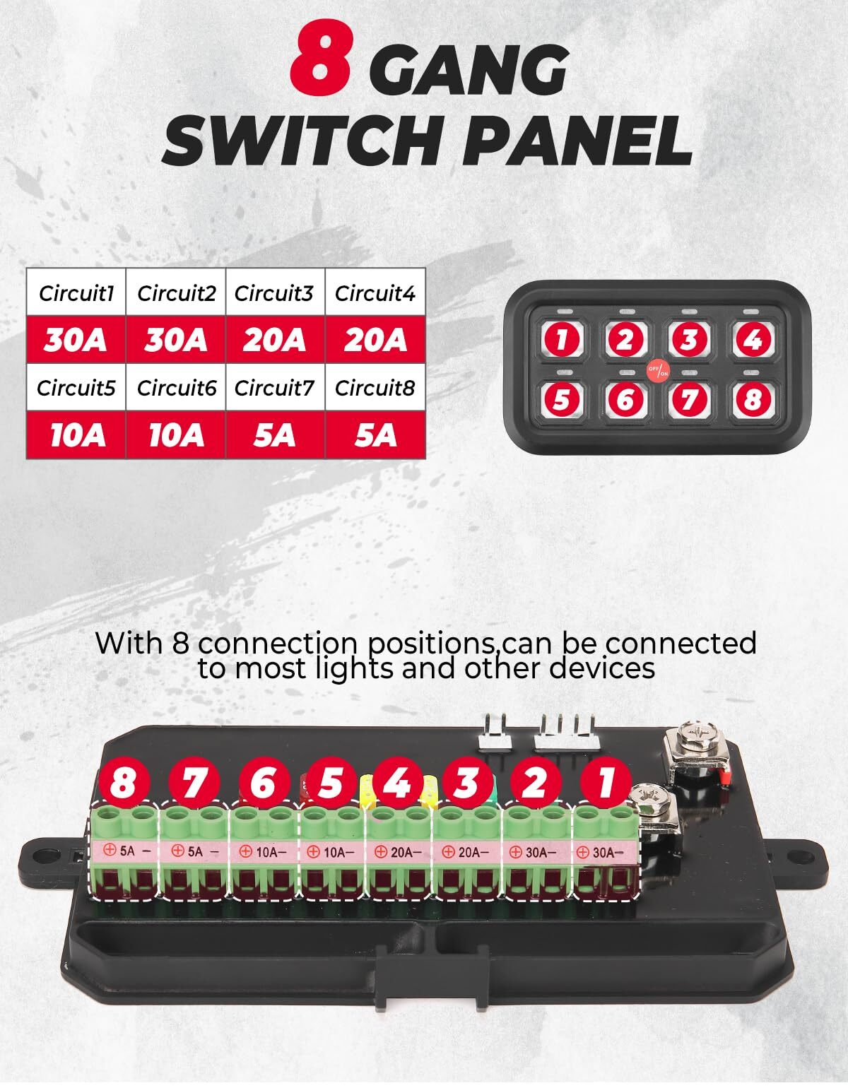 Kemimoto Polaris RZR UTV 12-24V 8 Gang Switch Panel