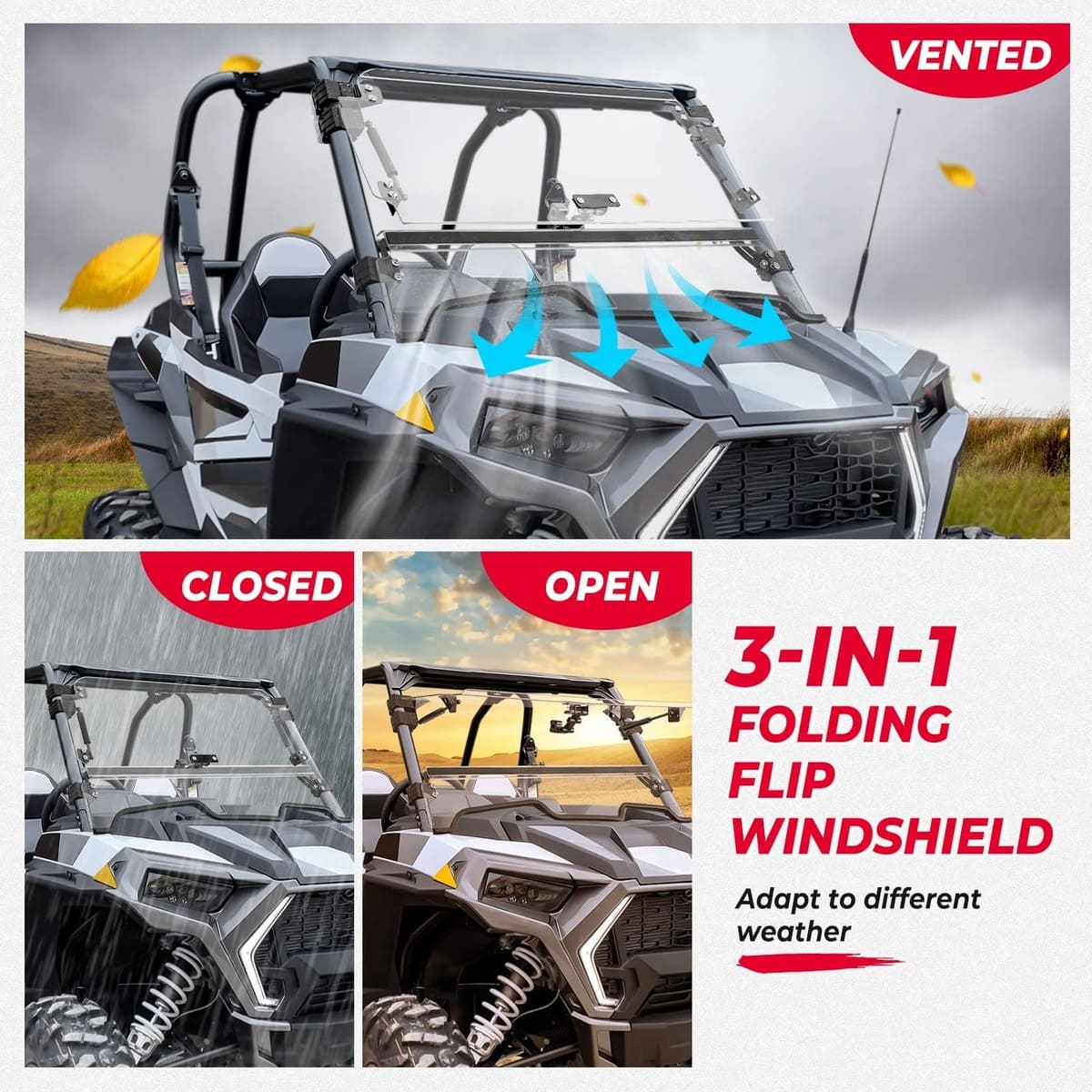 Kemimoto Polaris RZR XP 1000 Cab Enclosures 2 Soft Upper Doors 3-in-1 Flip Windshield