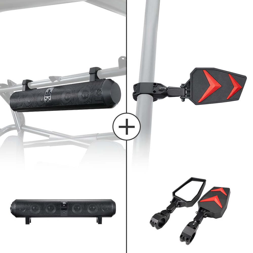 Kemimoto Polaris UTV Bluetooth Sound Bar & Side Rear View Mirrors 1.75"-2'' Roll Bar