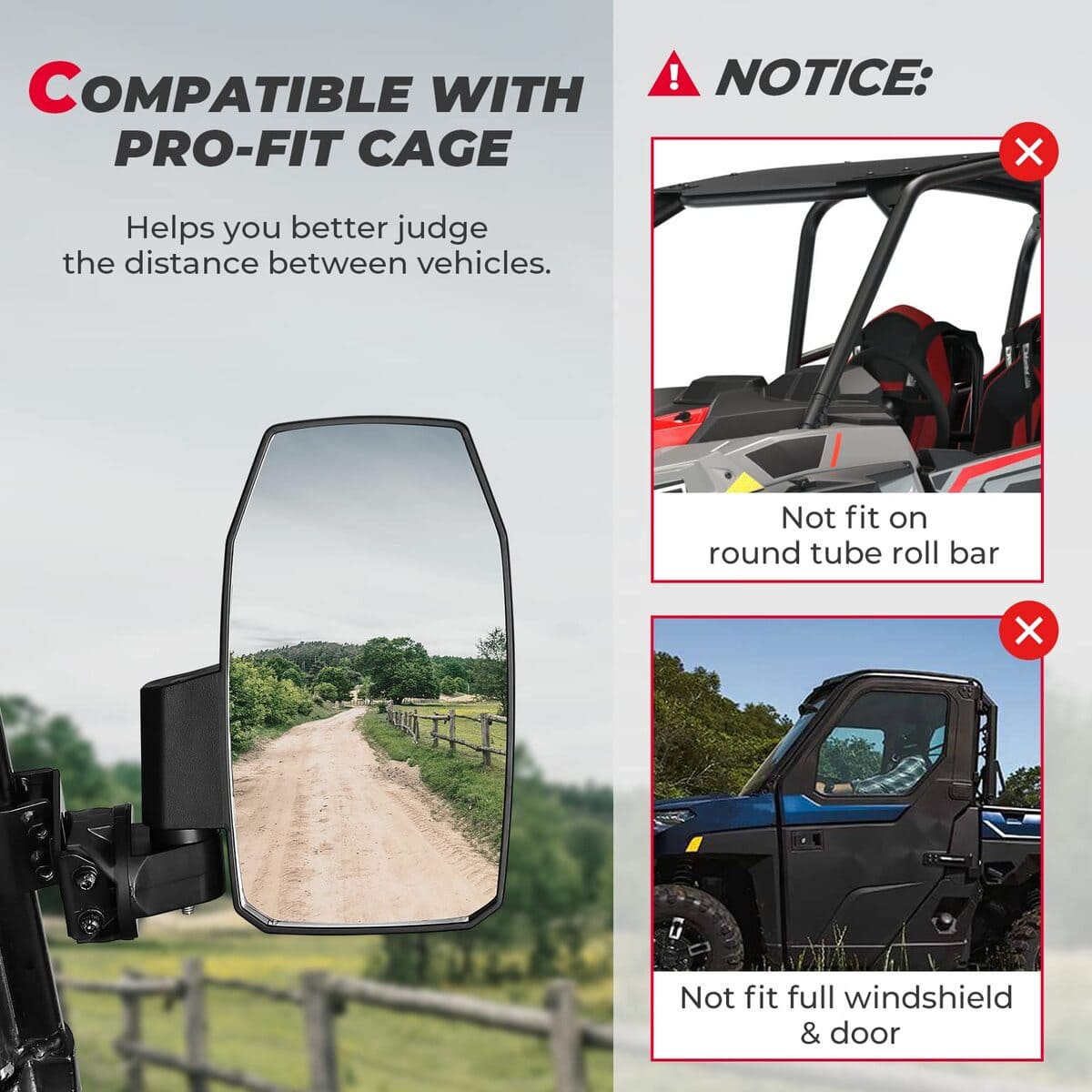 Kemimoto Polaris Ranger XP 1000 Upgraded UTV Wider Pro-Fit Side Mirrors - 1 Pair