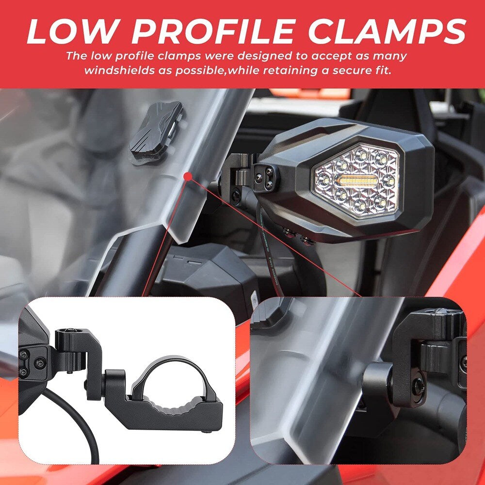 Kemimoto Rear View Side Mirrors with LED Spot Lights 1.6"/2" Roll Bar