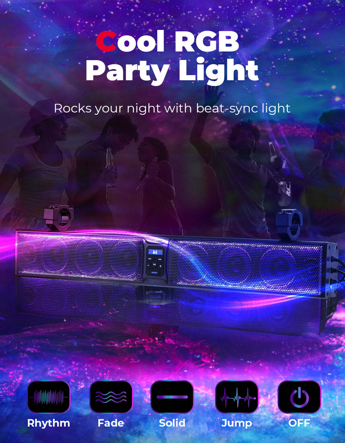 Kemimoto RGB UTV Bluetooth Sound Bar 1.75''-2.25'' Roll Bar 33" 8-Speaker