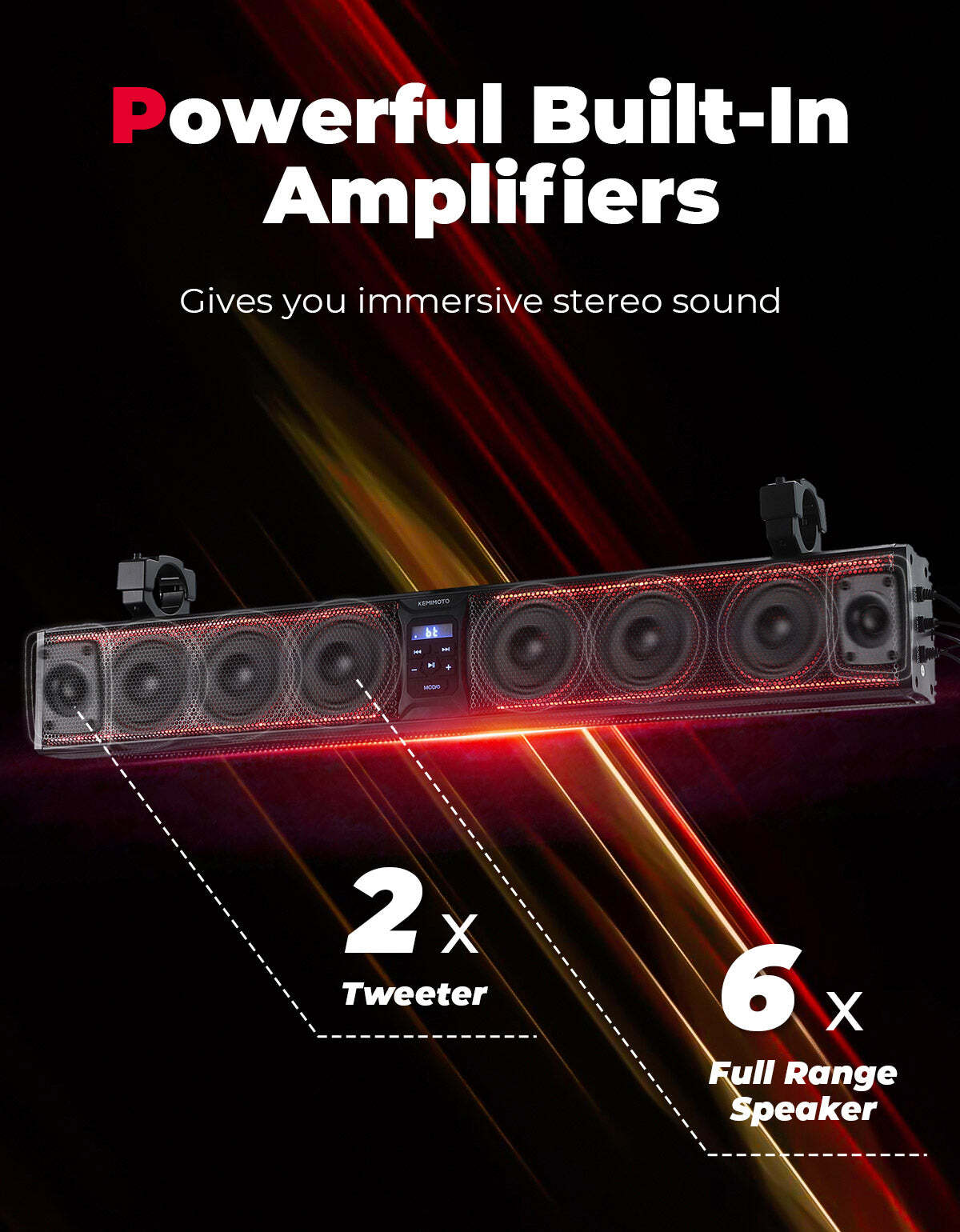 Kemimoto RGB UTV Bluetooth Sound Bar 1.75''-2.25'' Roll Bar 33" 8-Speaker