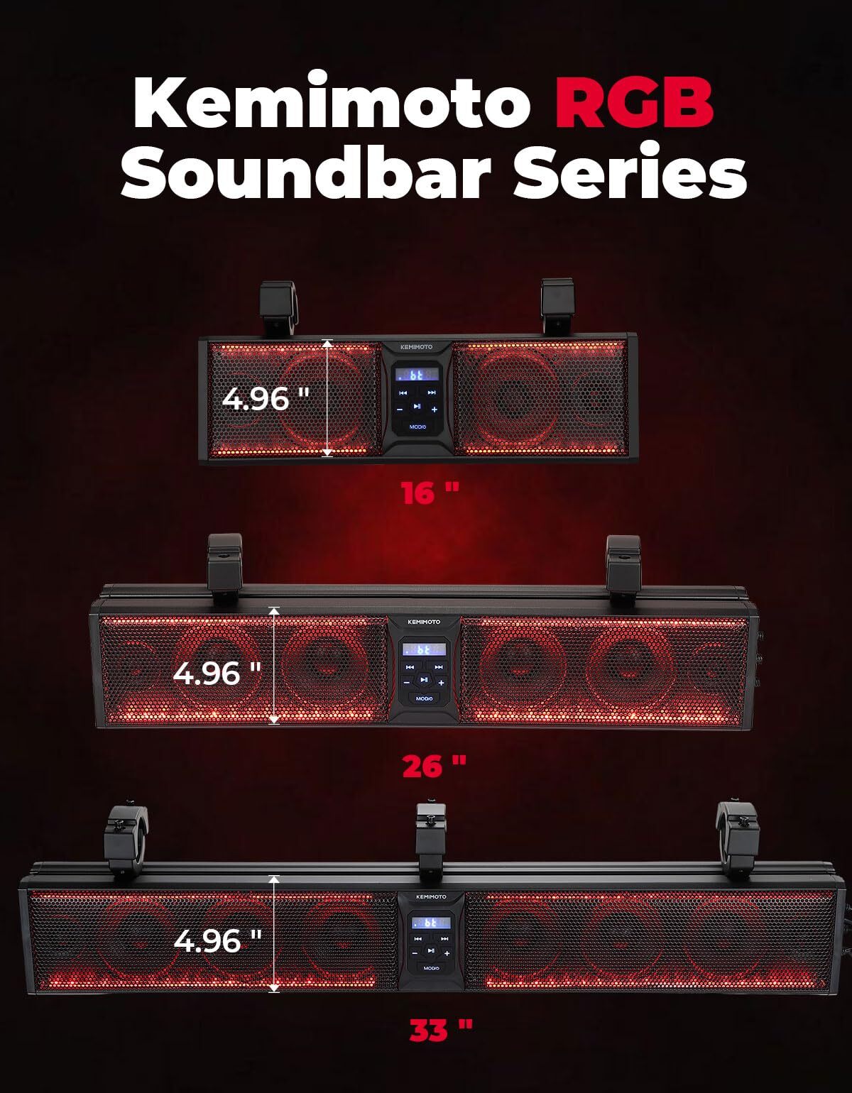 Kemimoto RGB UTV Bluetooth Sound Bar 1.75''-2.25'' Roll Bar 33" 8-Speaker