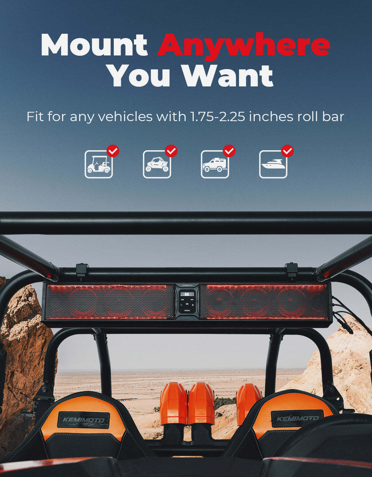 Kemimoto RGB UTV Bluetooth Sound Bar 1.75''-2.25'' Roll Bar 33" 8-Speaker