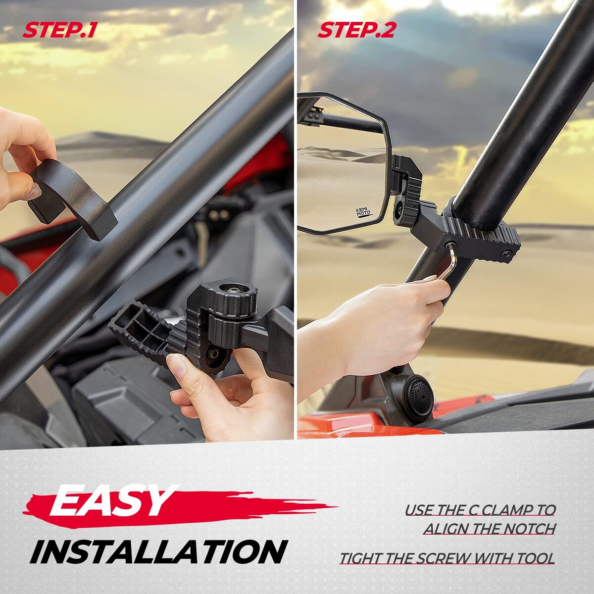 Kemimoto UTV Side Mirrors for 1.65"-2" Roll Bar