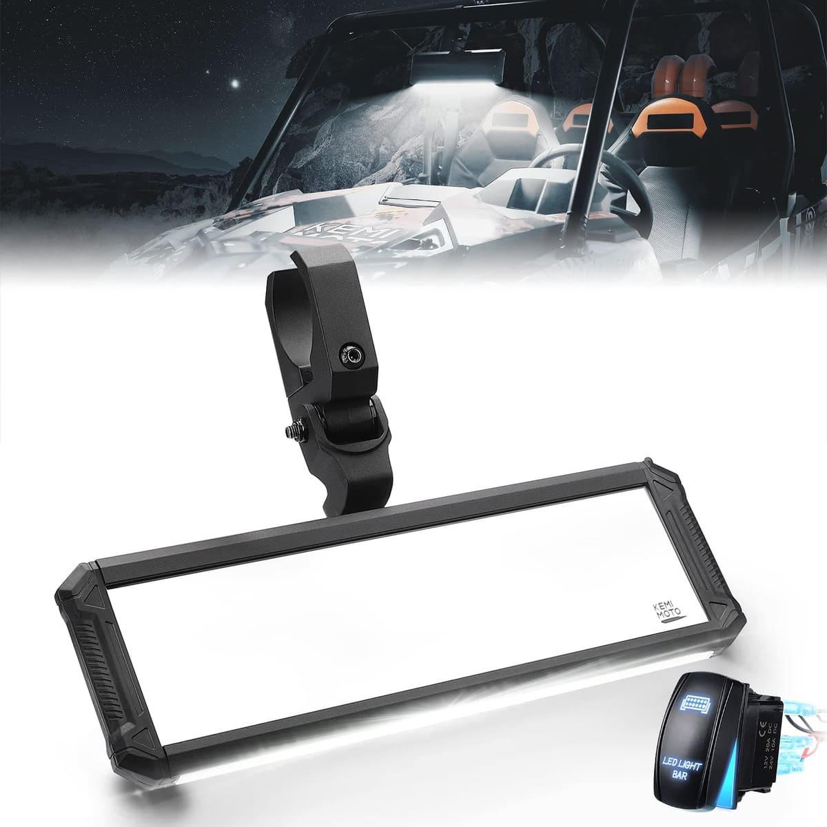 Kemimoto Upgraded UTV Rear View Center Mirror Interior Light fit 1.6"-2" Mount