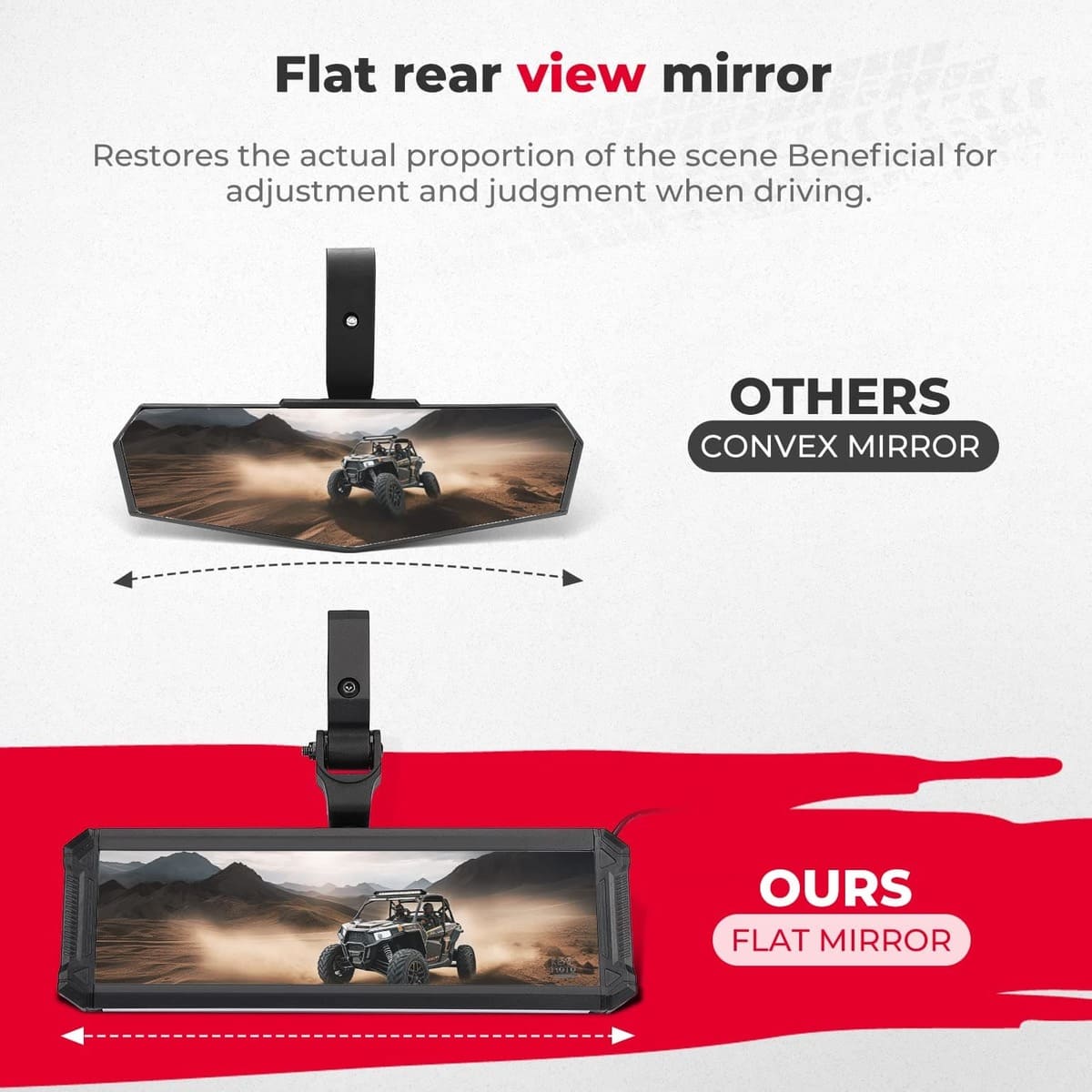 Kemimoto Upgraded UTV Rear View Center Mirror Interior Light fit 1.6"-2" Mount