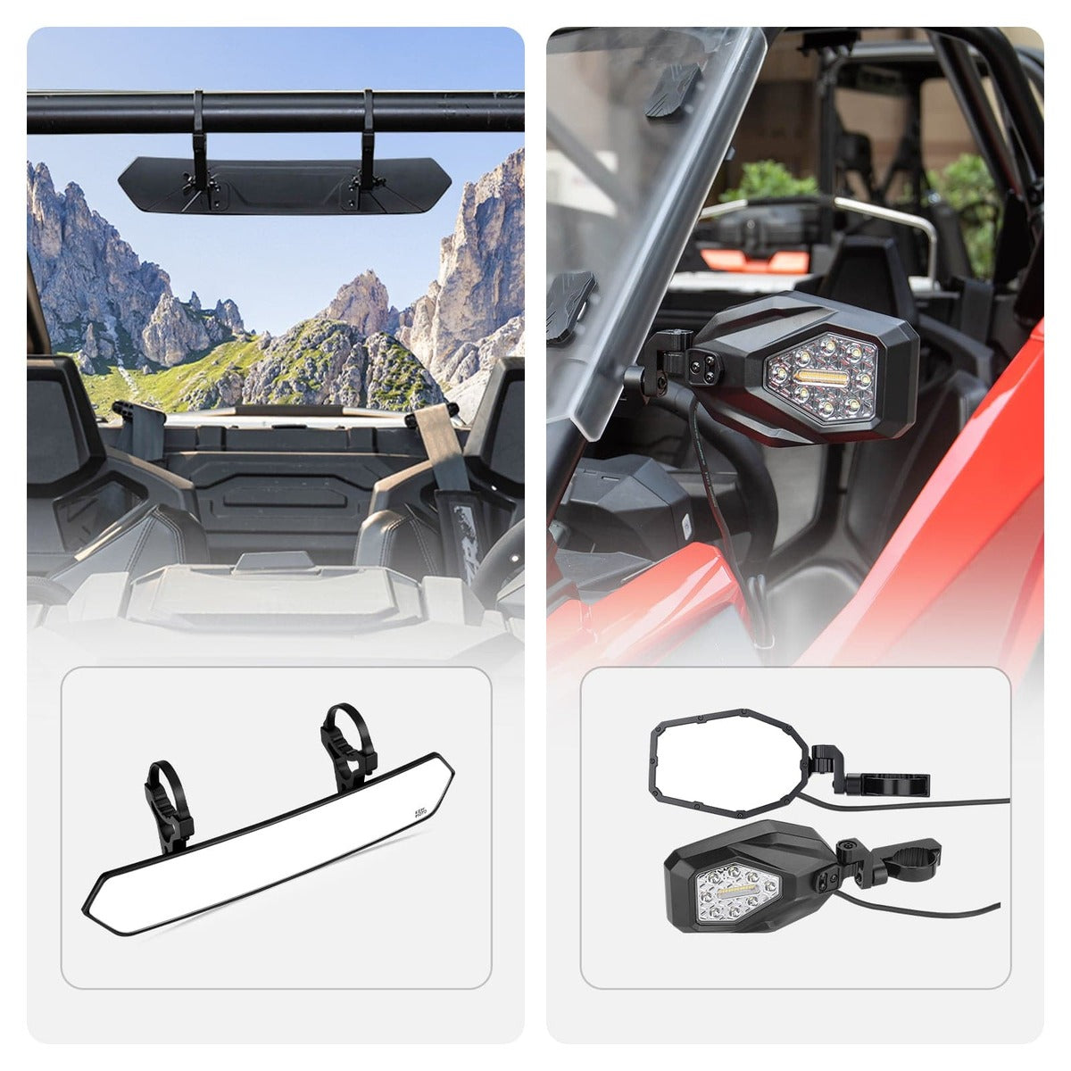 Kemimoto UTV 1.65"-2" Tube Rear View Mirror & Led Side Mirrors