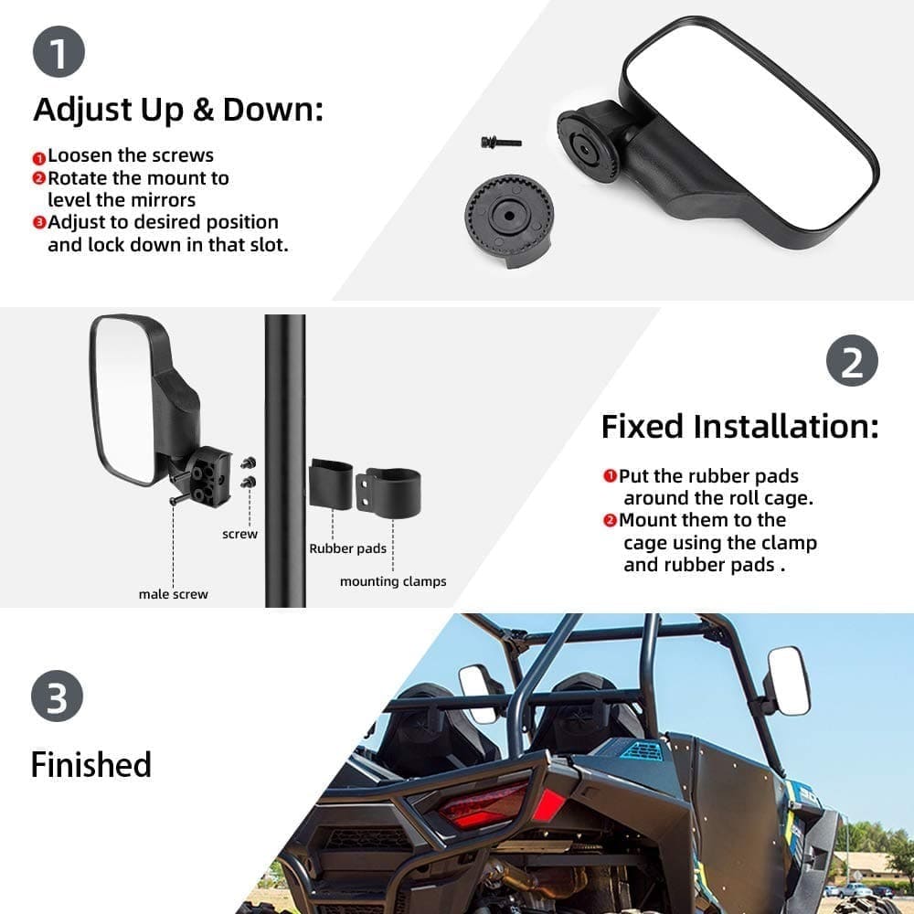 Kemimoto UTV Adjustable Rear View Mirror & Side Mirrors for 1.75"-2" Round Tube