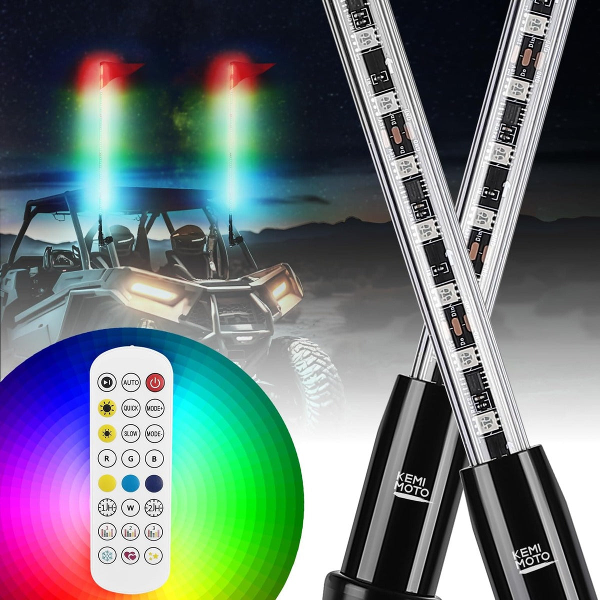 Kemimoto UTV/ATV/Boat 5FT 2PCS Bendable Whip Lights RF Wireless Remote