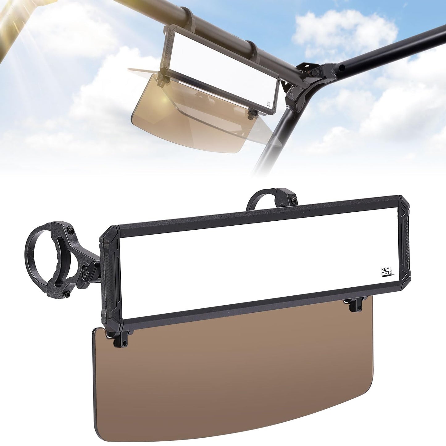 Kemimoto UTV Rear View Mirror with Folding Sun Visor for 1.65-2 inch Adjustable Clamp