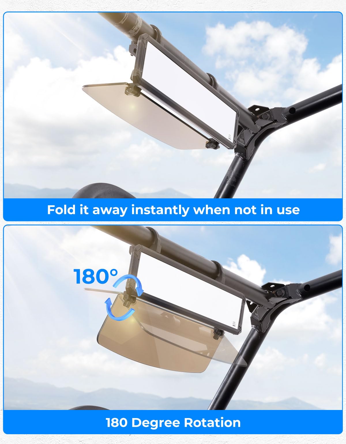 Kemimoto UTV Rear View Mirror with Folding Sun Visor for 1.65-2 inch Adjustable Clamp