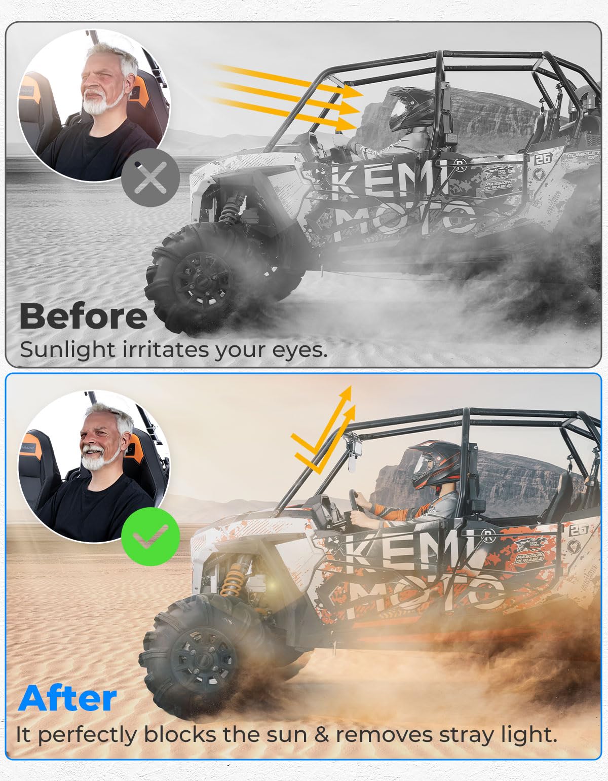 Kemimoto UTV Rear View Mirror with Folding Sun Visor for 1.65-2 inch Adjustable Clamp