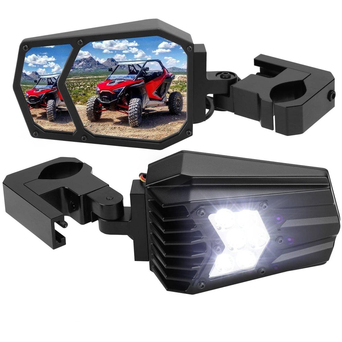 Kemimoto UTV Side Mirrors with Light fit 1.5"/2" Roll Bar