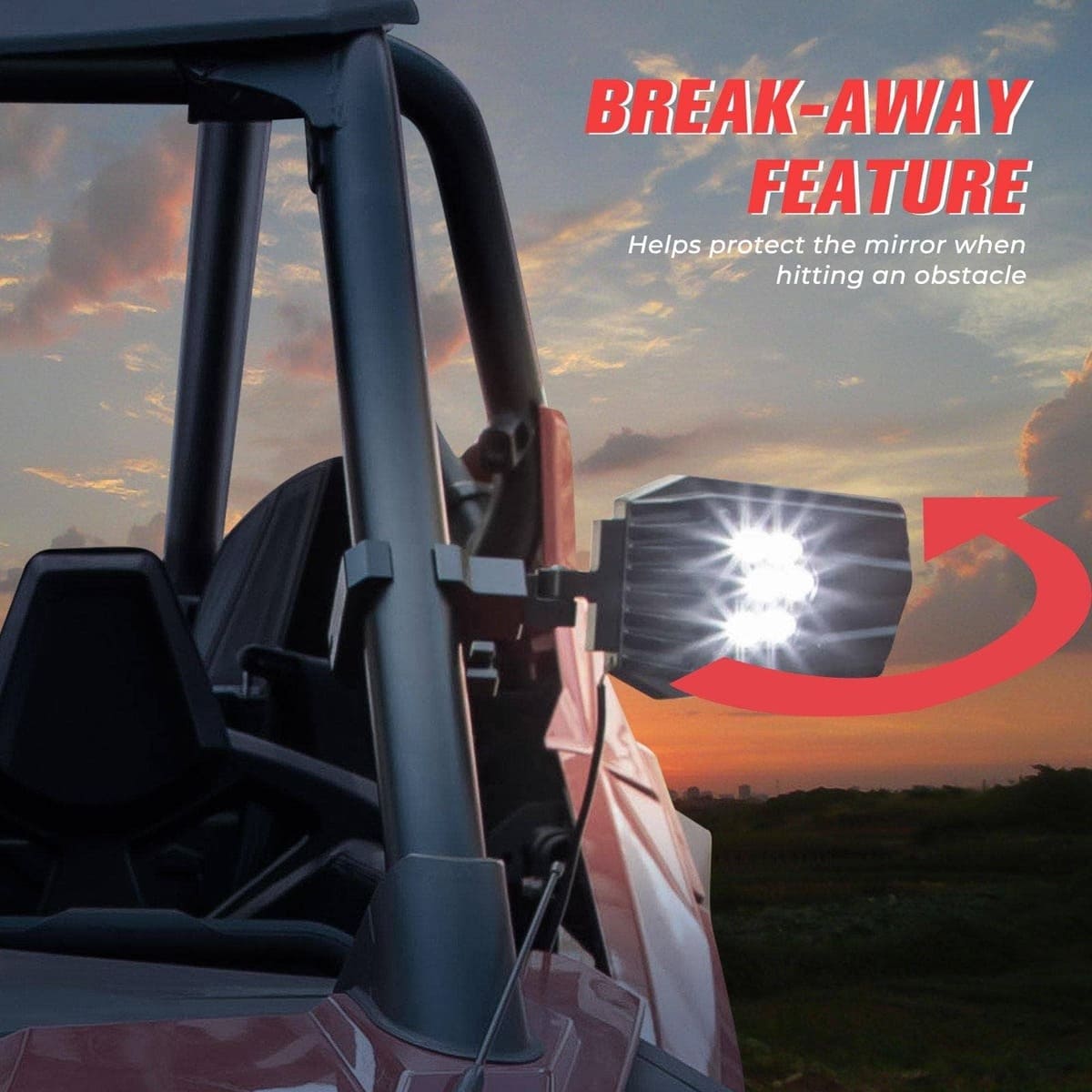 Kemimoto UTV Side Mirrors with Light fit 1.5"/2" Roll Bar