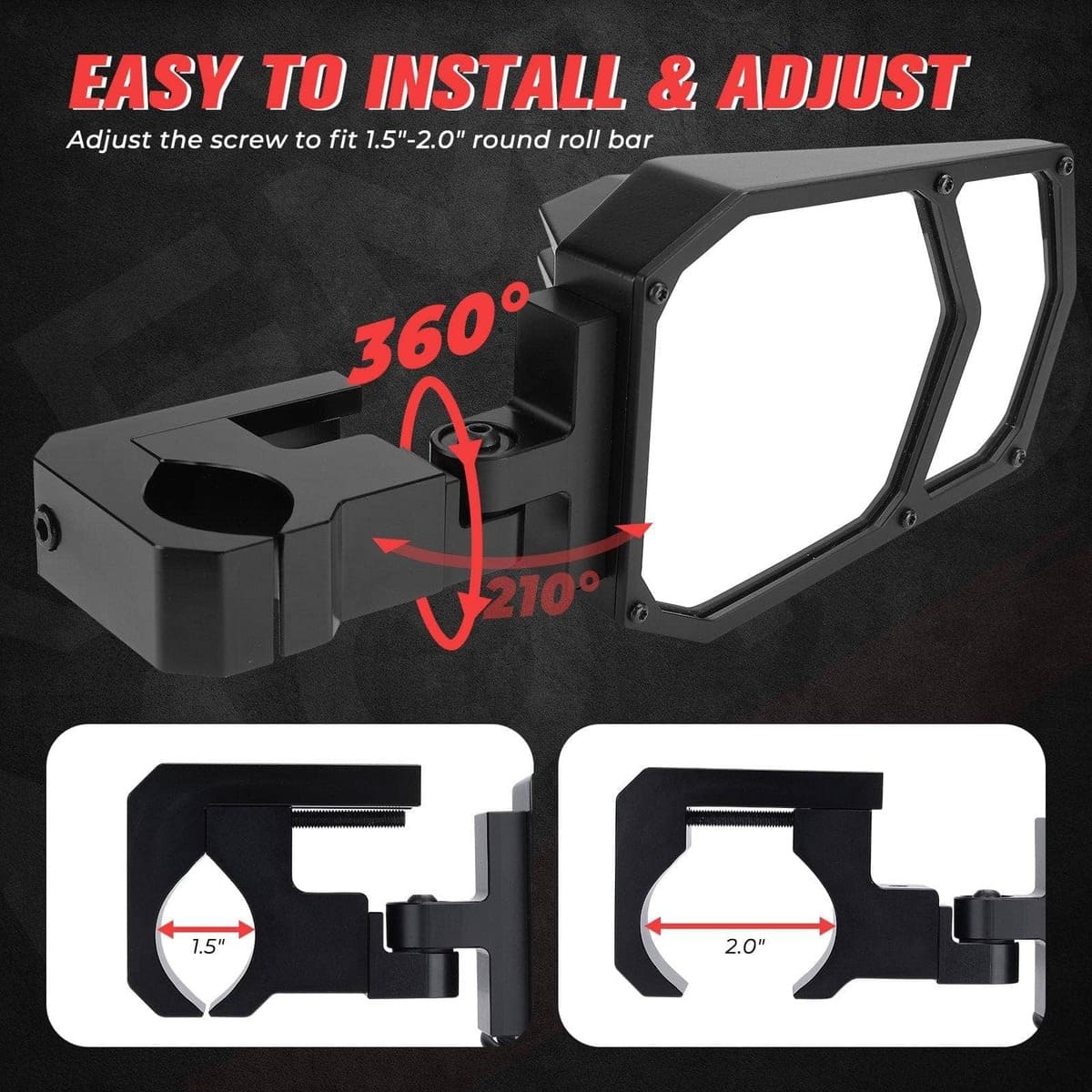 Kemimoto UTV Side Mirrors with Light fit 1.5"/2" Roll Bar