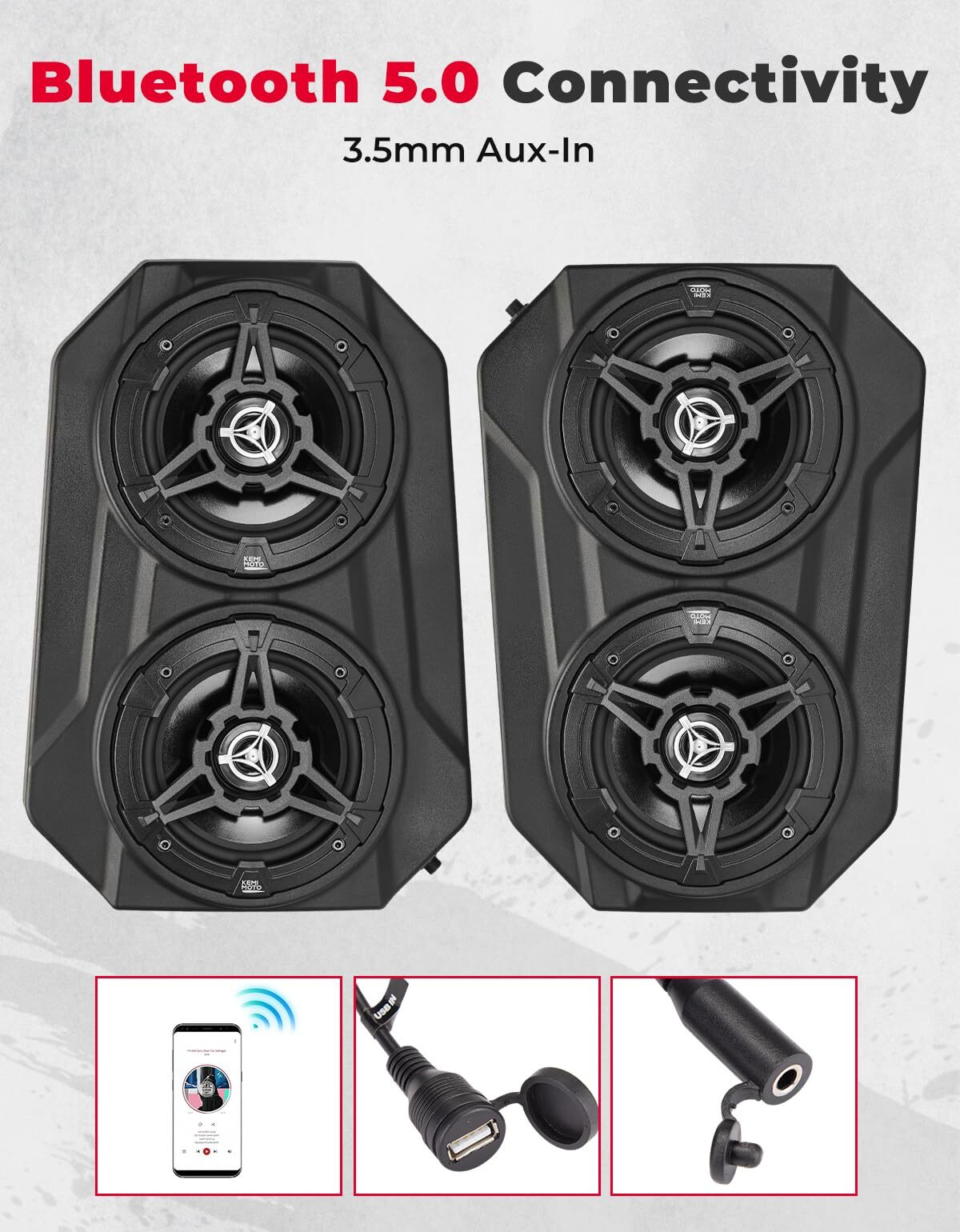 Kemimoto UTV Sound System 6.5" Speakers Overhead Stereo Bluetooth Fits Roll Cages