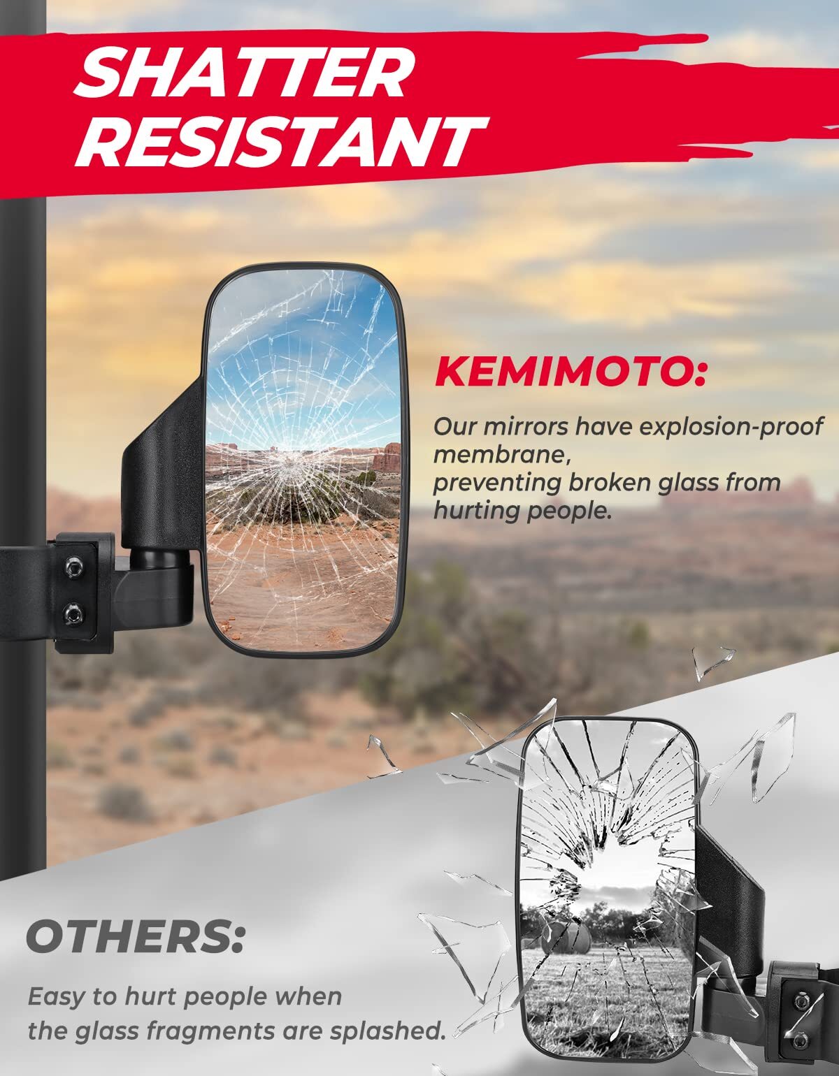 Kemimoto Yamaha Rhino UTV 1.75" / 2" Side View High Impact Convex Mirror