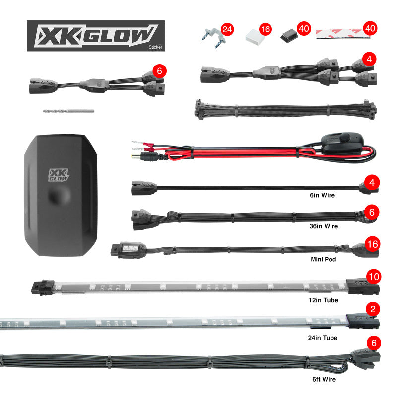 XKGLOW XK-UTV-STA Million Color App-Controlled Offroad UTV Lighting Kit with 2x24-Inch Tubes, 10x12-Inch Tubes, and 16 Pods