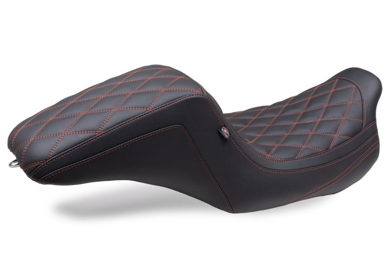 Mustang Motorcycle 08-24 HD FL Touring Double Diamond Squareback 1PC Seat – Black with Red Stitching