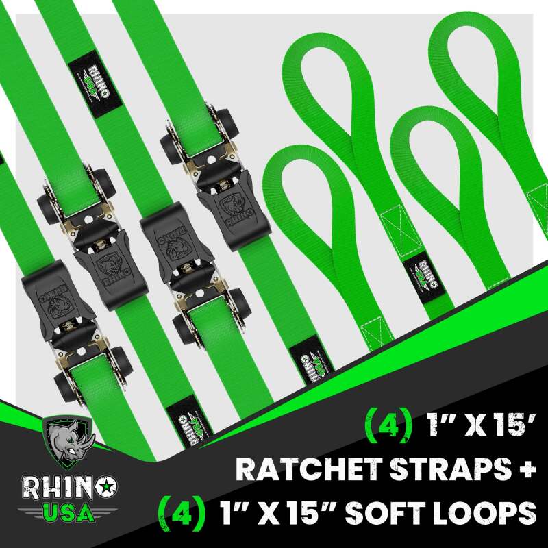 Rhino USA Medium Duty Ratchet Strap Tie-Down 4-Pack (Green) - RCHT-4PACK-GRN
