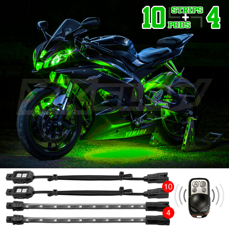 XK Glow Single Color Green LED Accent Light Motorcycle Kit with 10 Pods and 4 Flex Strips