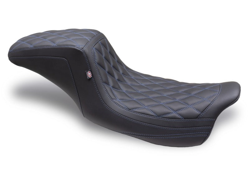 Mustang Motorcycle 08-24 HD FL Touring Double Diamond Squareback 1PC Seat with Blue Stitching