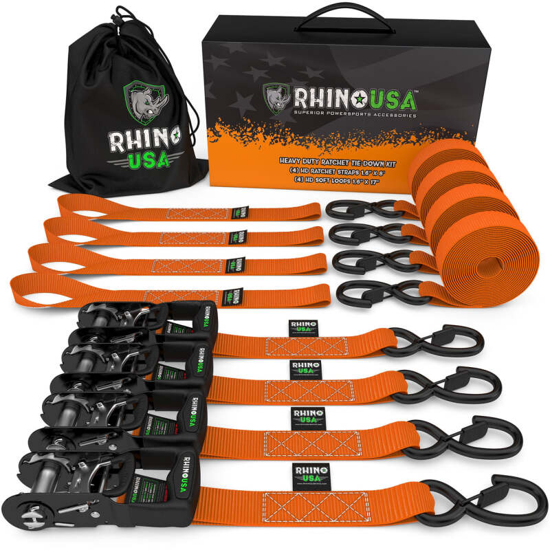 Rhino USA Heavy Duty Ratchet Tie-Down 4-Pack (Orange) - 1.6 Inch x 8 Feet