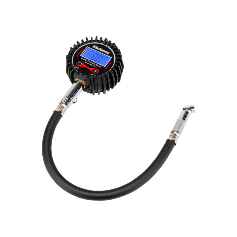 BikeMaster Digital Tire Pressure Gauge Part Number 150908 – Accurate PSI, BAR, kPa Readings with Backlit Display and Shock-Absorbent Housing